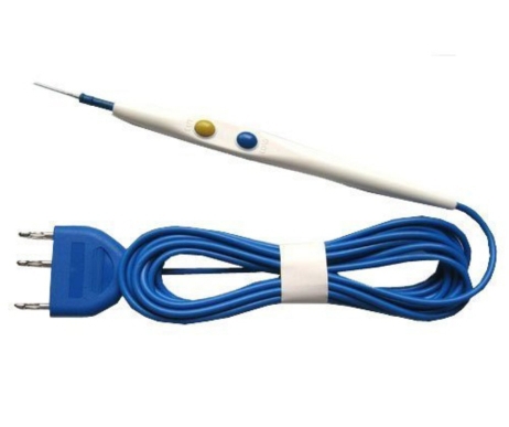 Hand-controlled monopolar electrosurgical cautery pencil with blue cable and three-pin plug